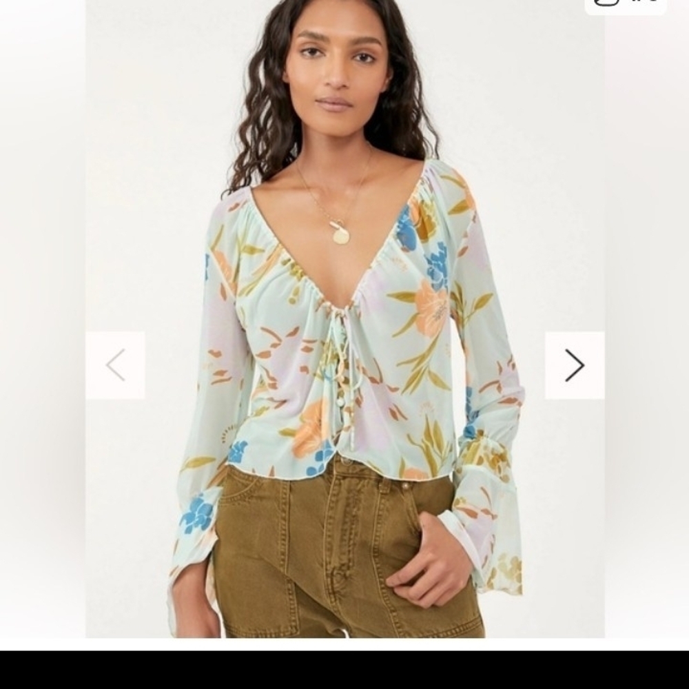 FP Movement by Free People Floral Tie-Front Blouse - Blue and Cream